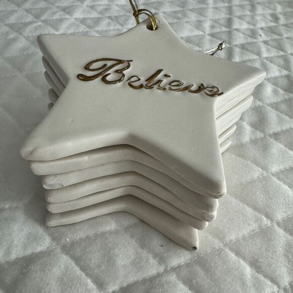 Star Christmas Ornaments Cream Gold Lettering Ceramic 6 Pieces - Picture 3 of 5